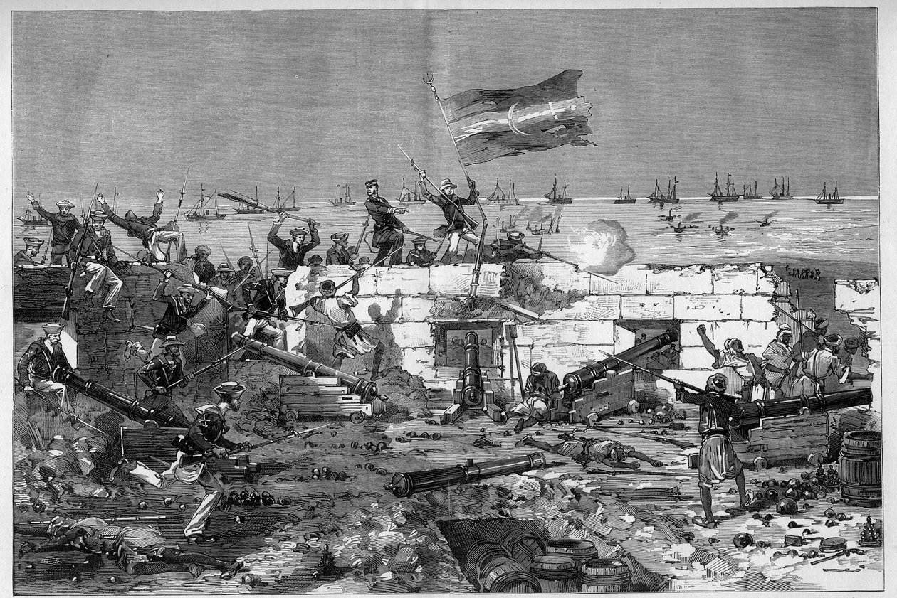 Tunisia, heinäkuu 1881: Ranskan joukot valloittivat Staxin kaupungin asukkaiden kapinan jälkeen Ranskan Tunisian protektoraattia vastaan. Merikiväärit irrottavat pyöreän akun. Kaiverrus De Haenen teoksesta "" The Illustrous World"" nro 1273, 20. elokuuta tekijältä Frederic de Haenen