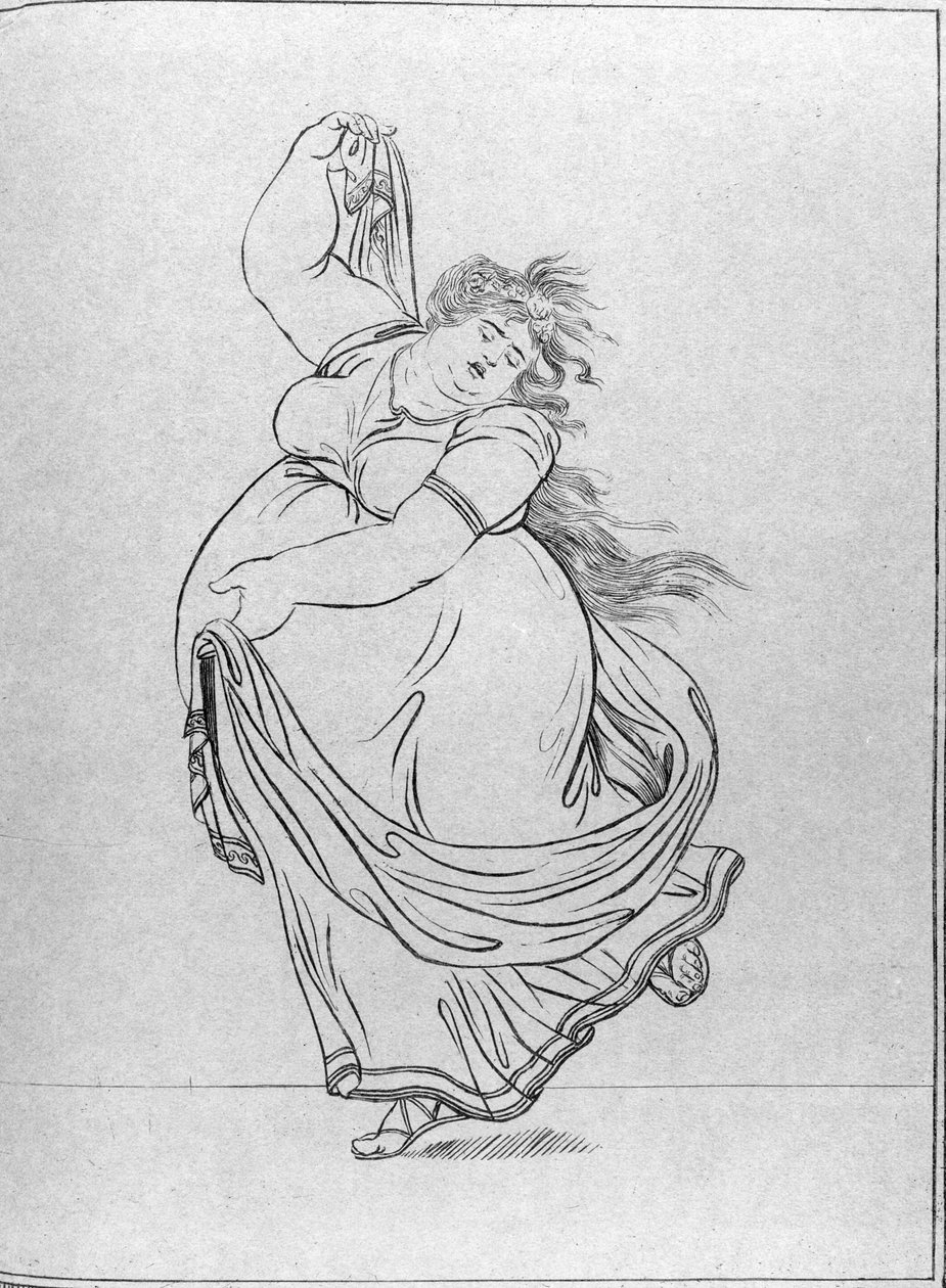 Muse of Dance, levy VI uudesta painoksesta, joka on huomattavasti laajennettu, Lady Hamiltonin "Asenteet", johtuen James Gillraysta (1757-1815), julkaissut Hannah Humphrey, 1807 (etsaus siniselle paperille) tekijältä Frederich Rehberg