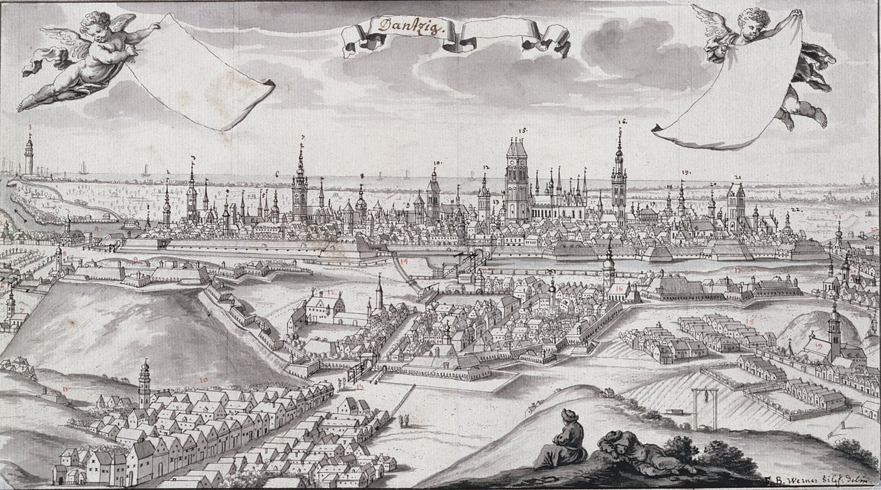 Panorama of Gdansk (muste ja musta pesty muste paperille) tekijältä Frederich Wener