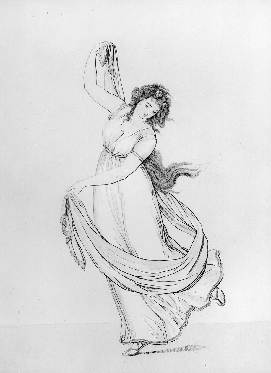 The Muse of Dance, levy VI teoksesta "Lady Hamiltonin "Asenteet": Luonnosta uskollisesti kopioituja piirroksia", julkaisija S.W.Fores, 1802 (etsaus siniselle paperille) (katso 137928) tekijältä Frederich Rehberg