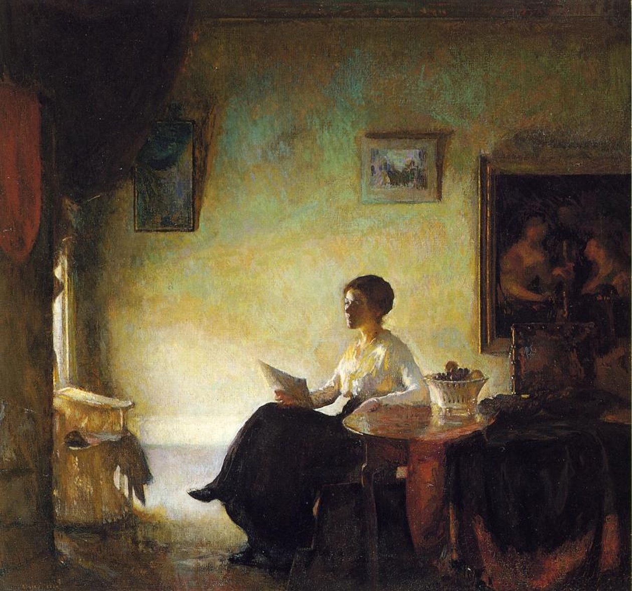 Nainen lukemassa kotona, 1918 tekijältä Frederick Andrew Bosley