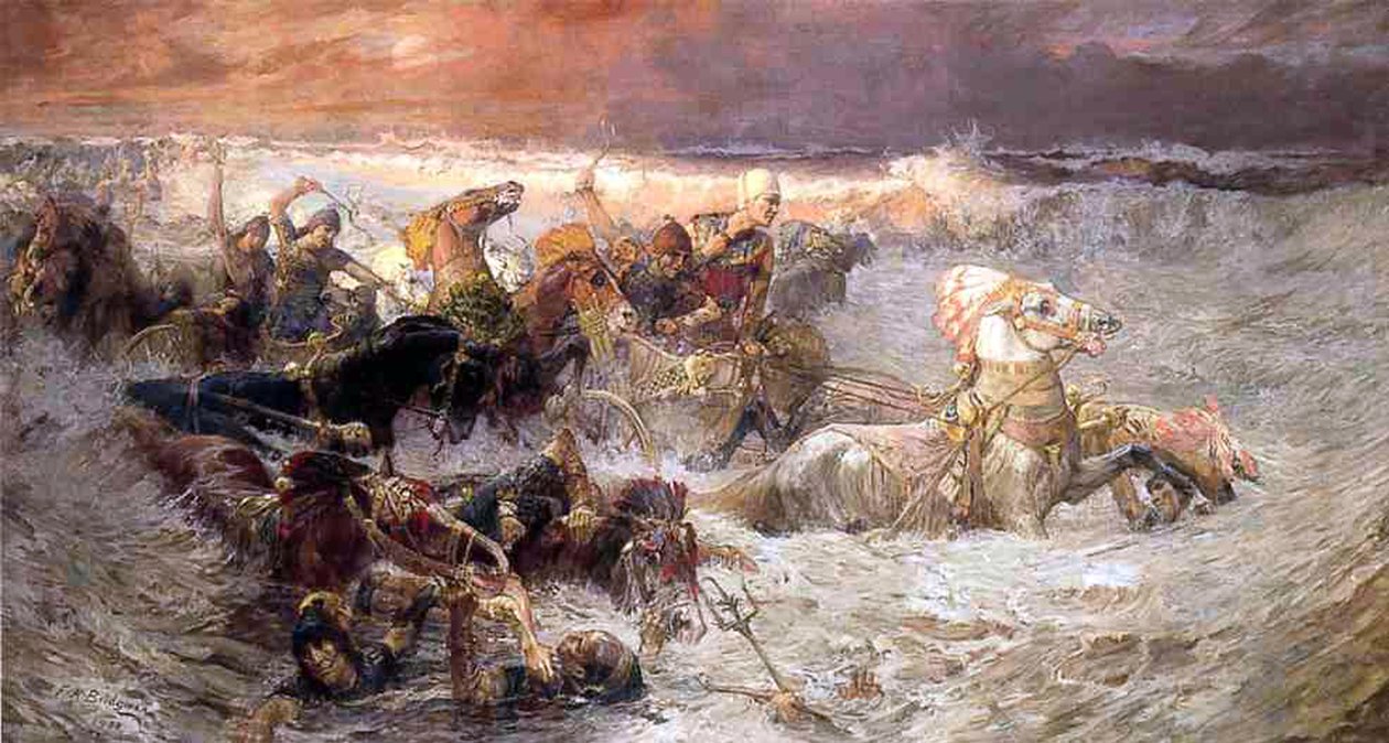 Farao ja hänen armeijansa hukkumassa Punaiseen mereen, 1900 tekijältä Frederick Arthur Bridgman