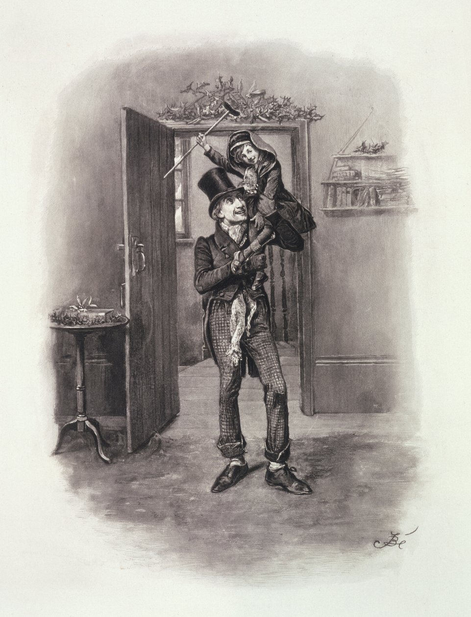Bob Cratchit ja Tiny Tim, Thomas Archerin teoksesta "Charles Dickens: A Gossip about his Life", julkaistu noin 1894 tekijältä Frederick Barnard