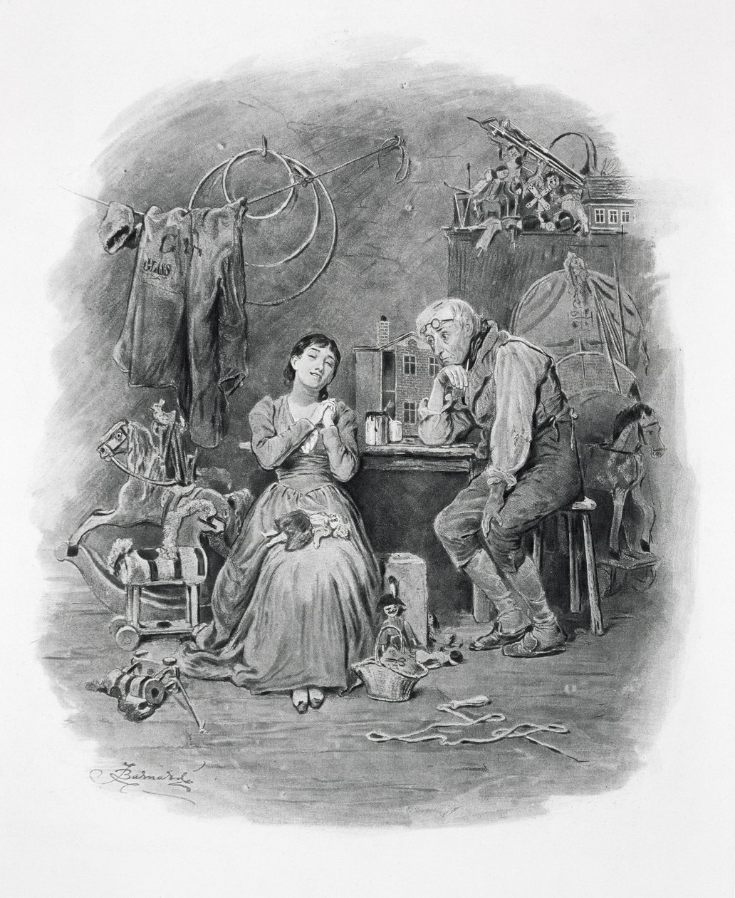 Caleb Plummer ja hänen sokea tyttärensä Thomas Archerin teoksesta "Charles Dickens: A Gossip about his Life", julkaistu noin 1894 tekijältä Frederick Barnard