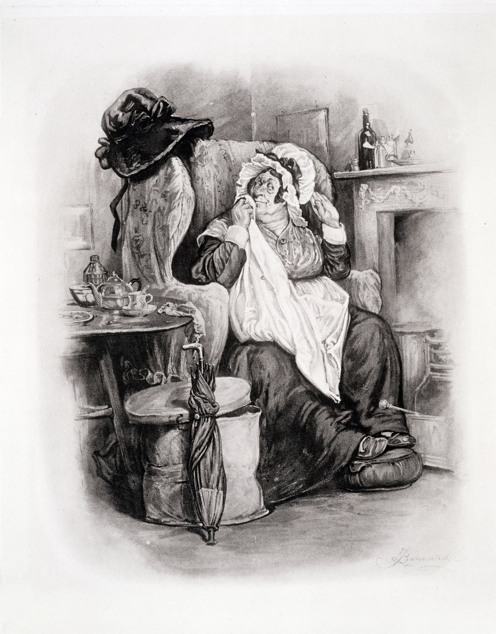 Rouva Gamp, Thomas Archerin teoksesta "Charles Dickens: A Gossip about his Life", julkaistu noin 1894 tekijältä Frederick Barnard