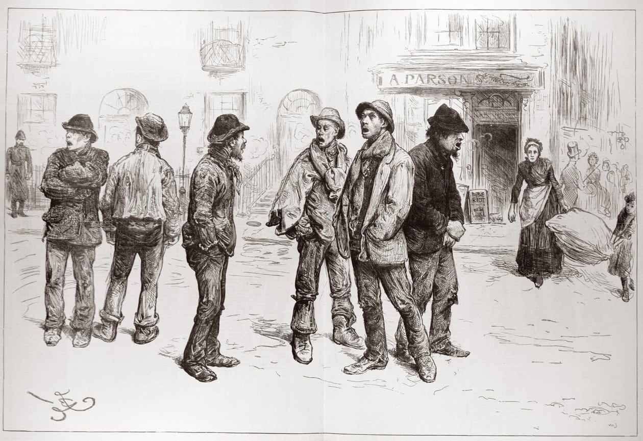 Lontoon työttömät: "Meillä ei ole työtä tekemistä", "The Illustrated London News", 20. helmikuuta 1886 tekijältä Frederick Barnard