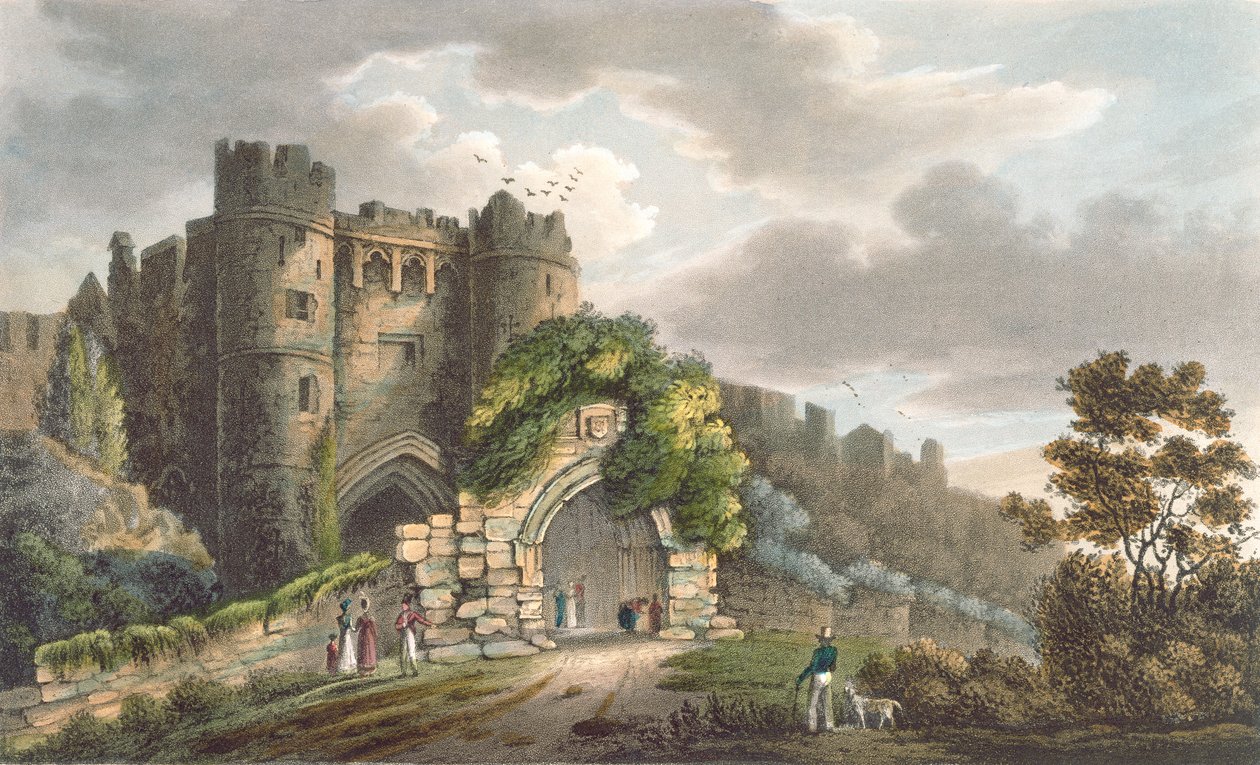 Carisbrooke Castle, teoksesta "The Isle of Wight Illustrated, sarjassa Colored Views", kaivertanut P. Roberts, julkaistu 1846 (akvatinta) tekijältä Frederick Calvert