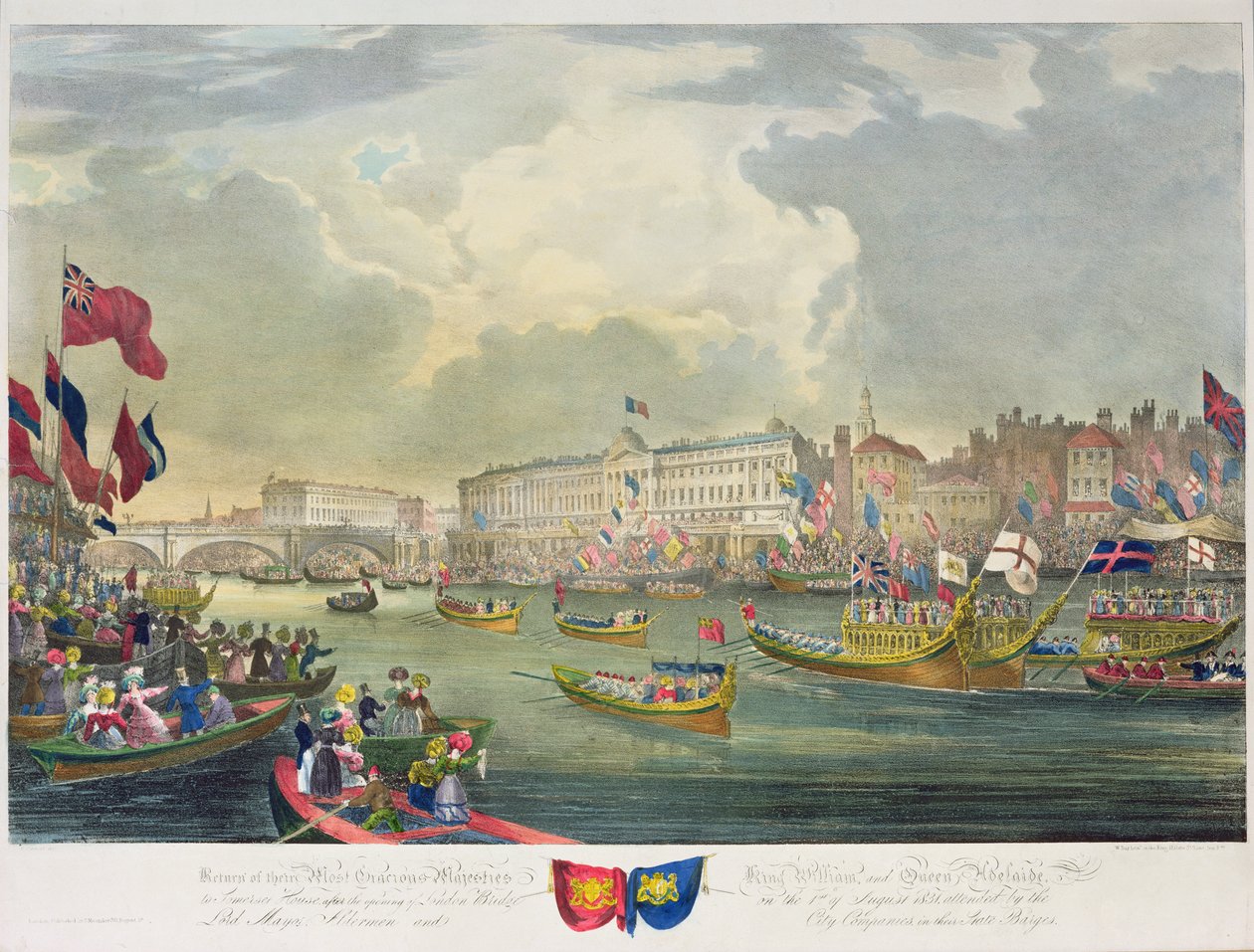 Näkymä Thames-joelle kuningas William IV:n ja kuningatar Adelaiden London Bridgen avaamisen aikana, kaiverrus William Day (1797-1845) 1831 tekijältä Frederick Calvert