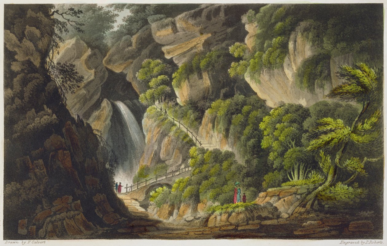 Shanklinin vesiputous, teoksesta "The Isle of Wight Illustrated, in a Series of Coloured Views", kaiverrettu P. Robertsin toimesta, julkaistu 1846 (akvatintta). tekijältä Frederick Calvert