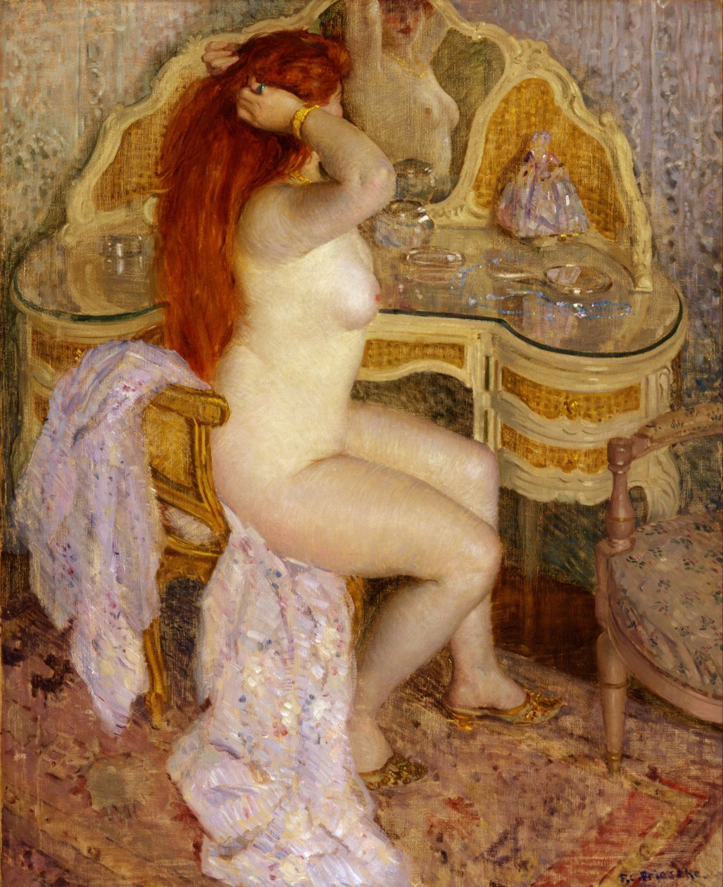 Alaston istuu hänen peilipöydässään tekijältä Frederick Carl Frieseke
