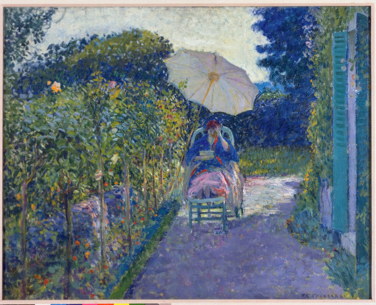 Nainen istuu puutarhassa, 1914 tekijältä Frederick Carl Frieseke