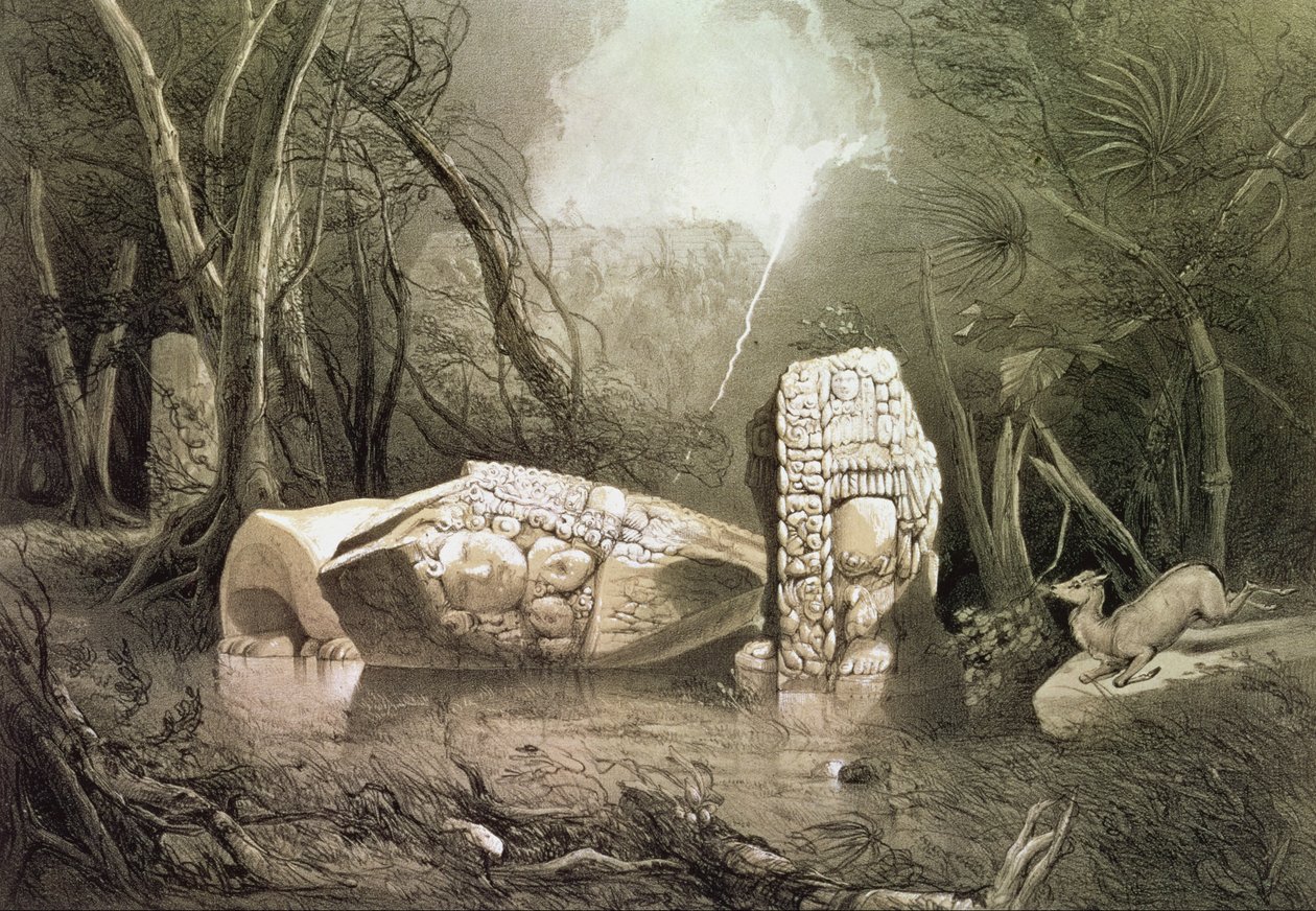 Rikkoutunut maya-idoli Copanissa, Guatemalassa tekijältä Frederick Catherwood