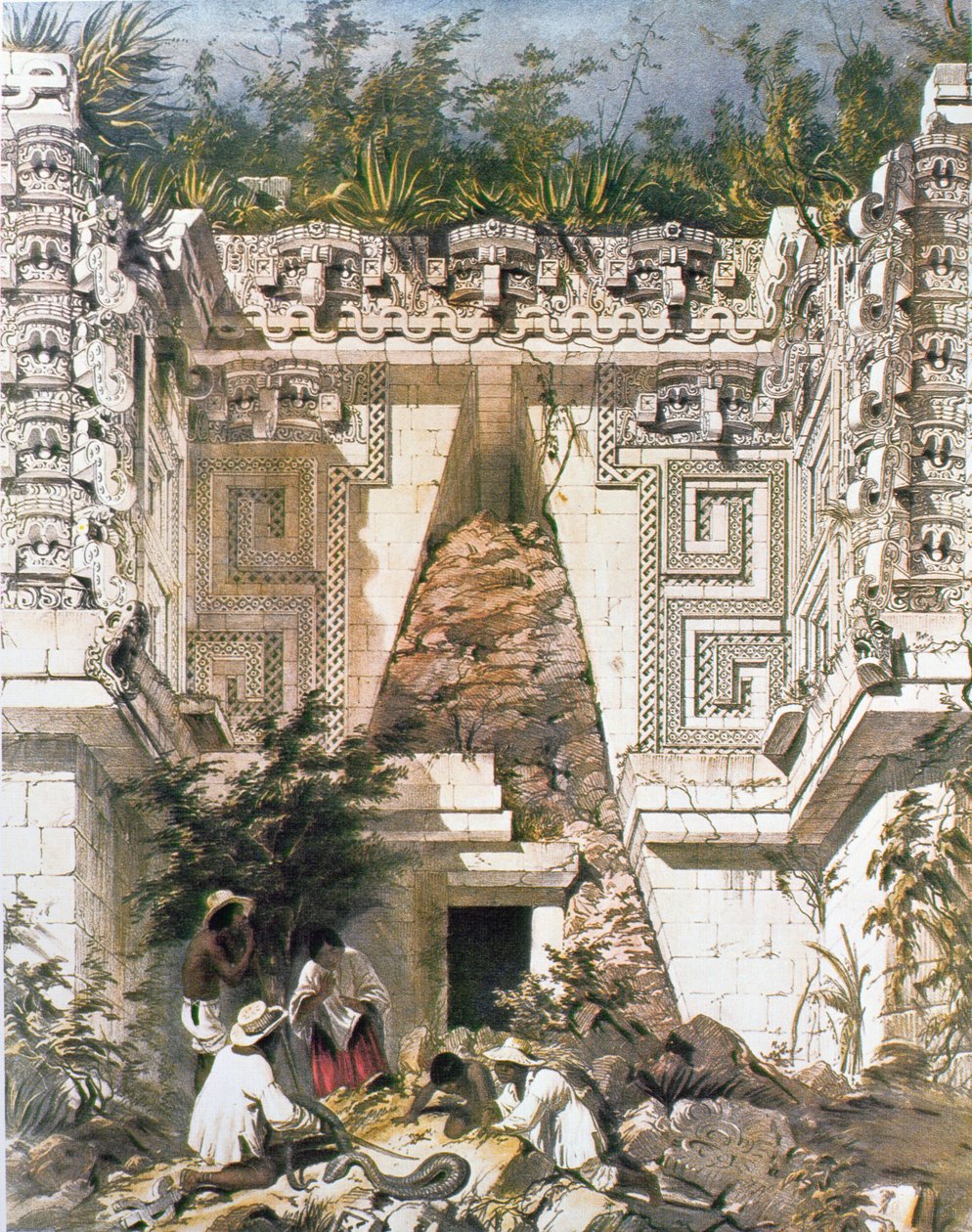 Kuvernöörien palatsi, Uxmal, Yucatan, Meksiko, 1844 (värillinen litho) tekijältä Frederick Catherwood