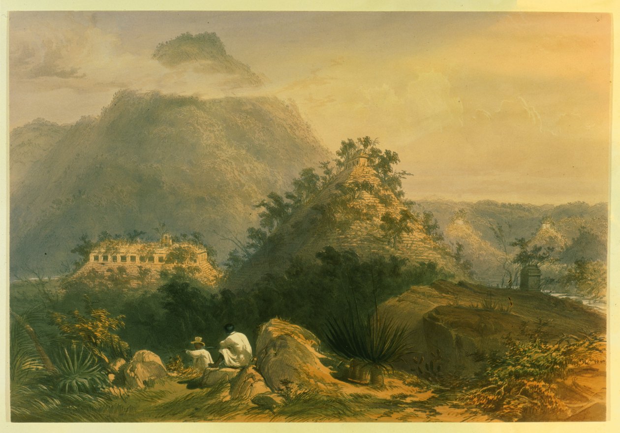 Näkymiä muinaisille monumenteille Palenquessa, kuvitus John Lloyd Stephensin teoksesta "Matkailutapaukset Keski-Amerikassa, Chiapas ja Yucatan", 1844 tekijältä Frederick Catherwood