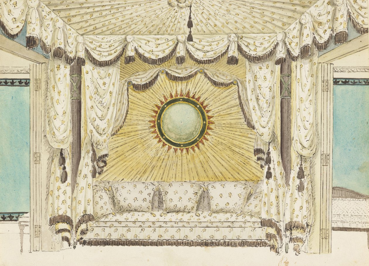 Suunniteltu sängylle teltatulla alkovilla, luultavasti Walesin prinssi makuuhuoneeseen tai budoariin, Royal Pavilion ... tekijältä Frederick Crace