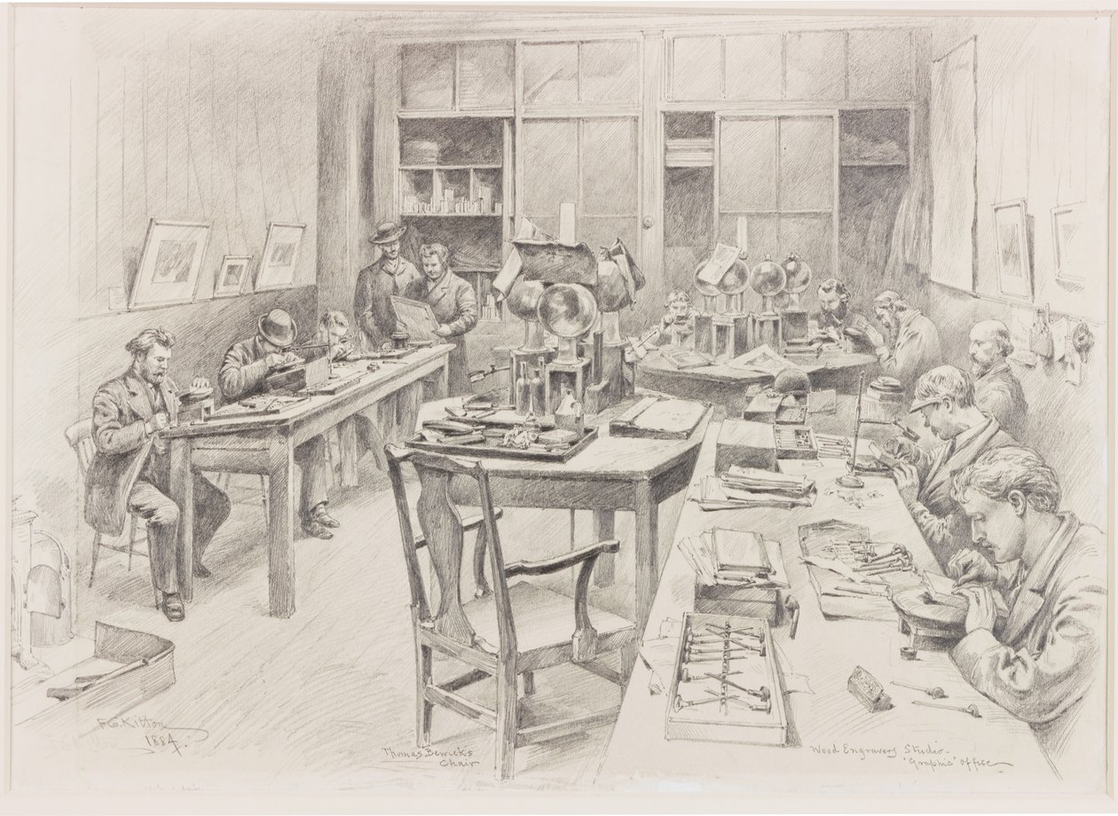 Puukaiverrusstudio, "graafinen" toimisto Thomas Bewickin tuolin kanssa tekijältä Frederick George Kitton