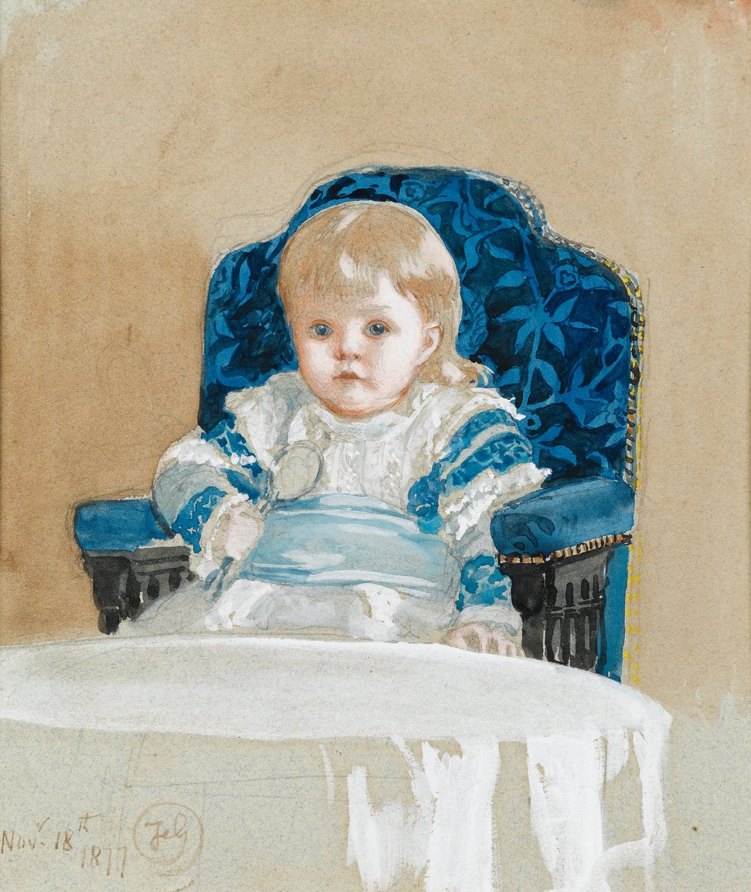 Frederica juhlamekossa lusikka kädessään, 1877 (wc paperilla) tekijältä Frederick Goodall