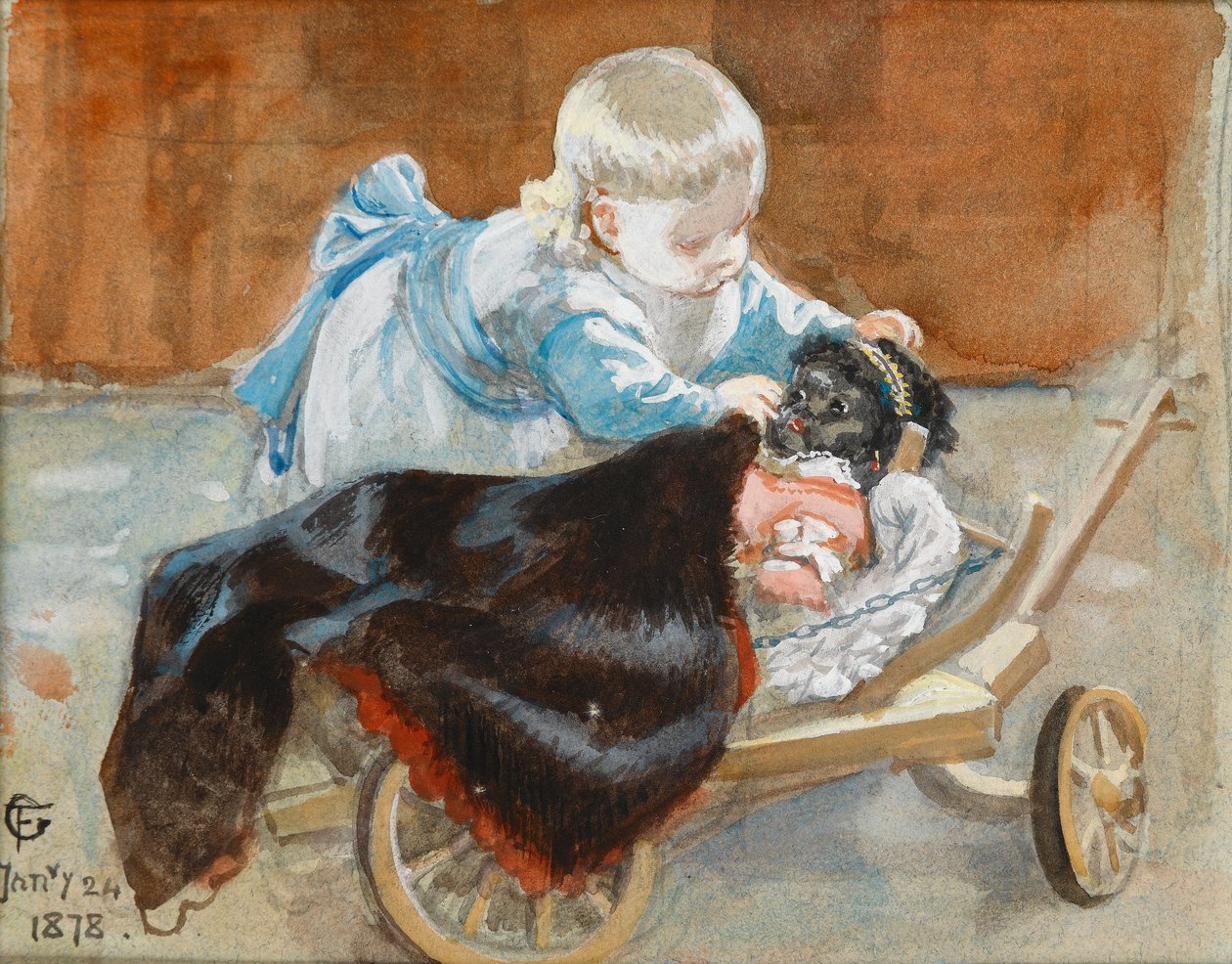 Frederica leikkii mustan nuken kanssa, 1878 (wc paperilla) tekijältä Frederick Goodall