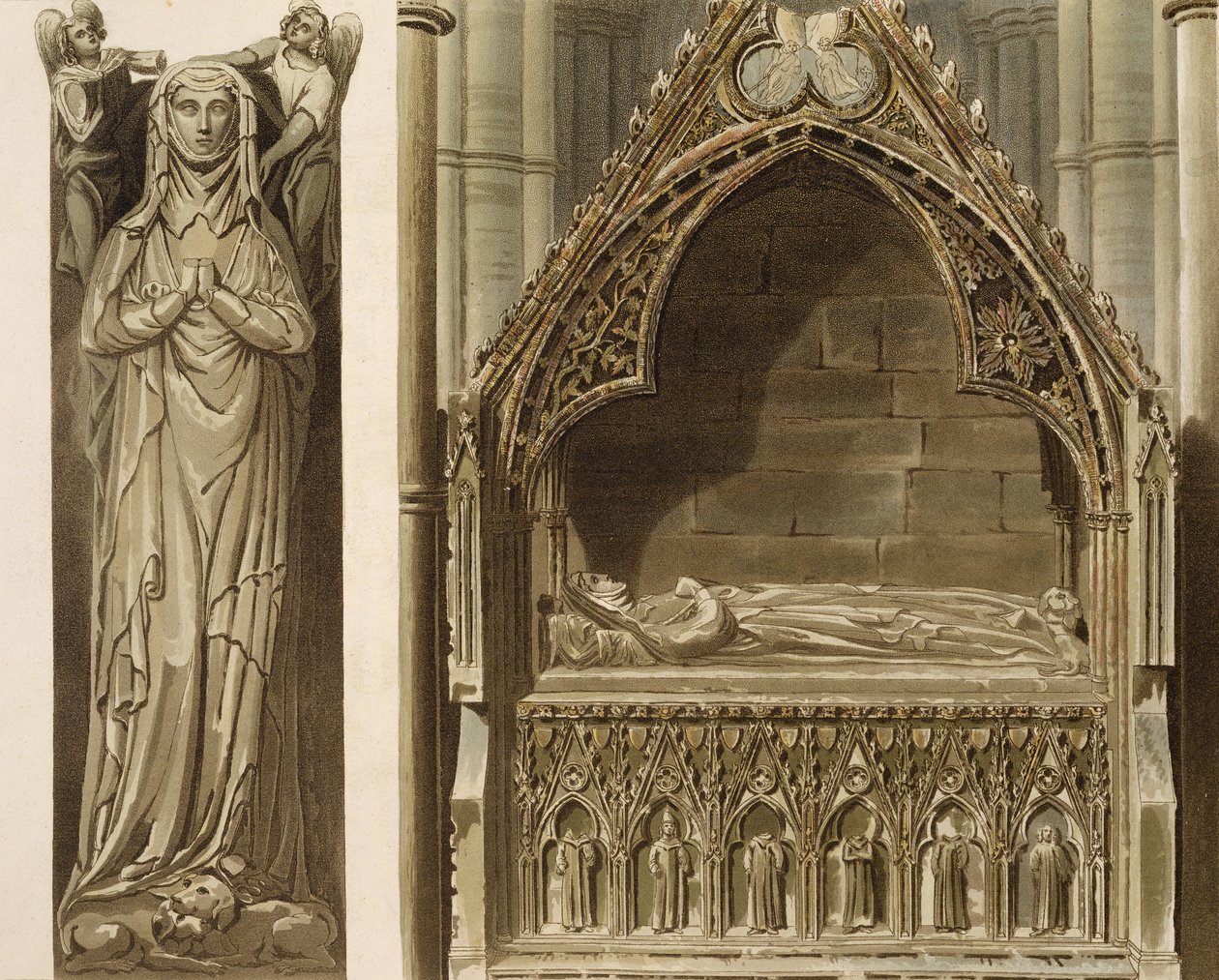 Effigy of Avelinen, Edmund Crouchbackin ensimmäinen vaimo, Earl of Lancaster, alttarin pohjoispuolella, levy G Westminster Abbeysta, kaiverrettu J. Bluck (fl.1791-1831) pub. Kirjailija: Rudolph Ackermann ( tekijältä Frederick Mackenzie