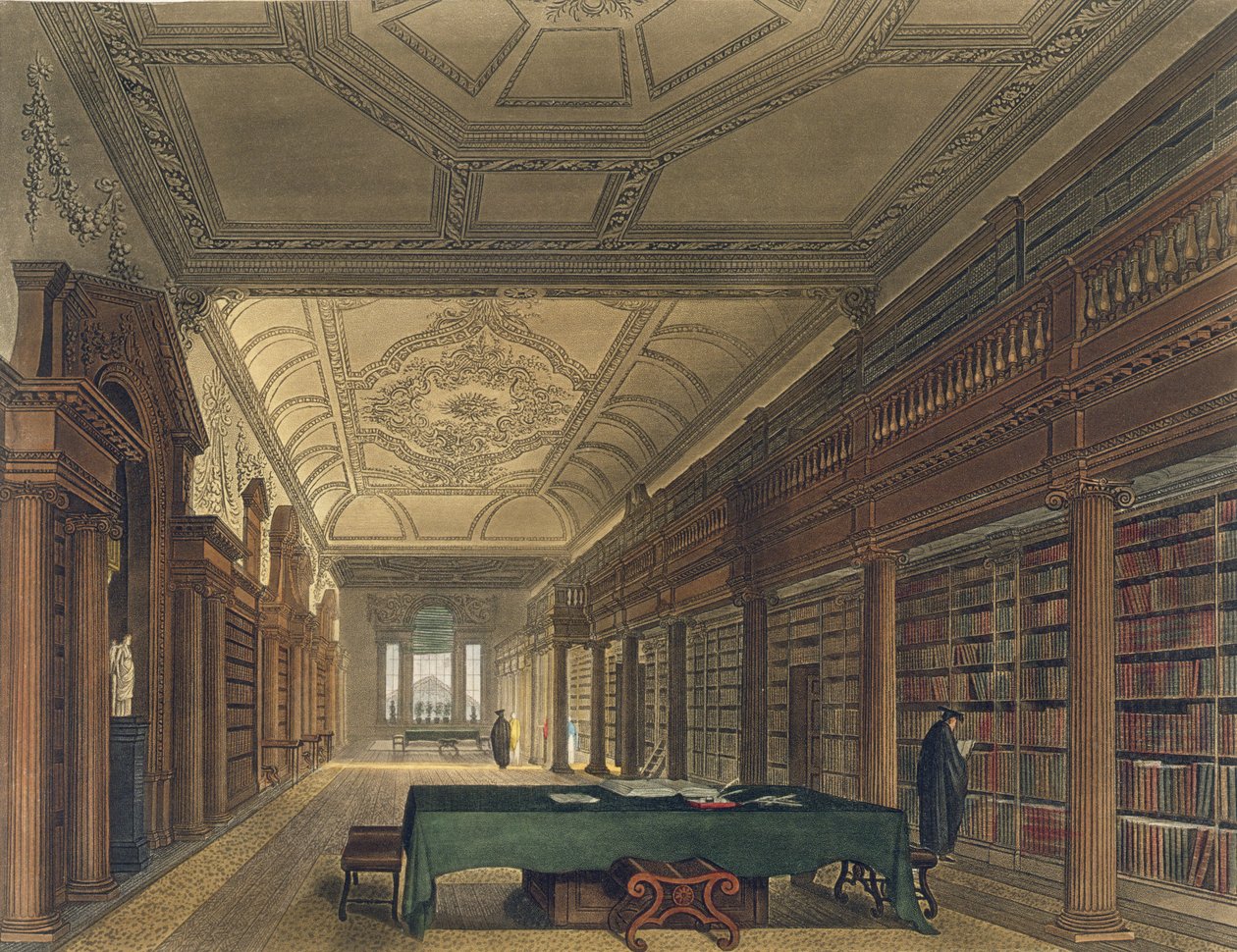 Library of Christ Churchin sisustus, kuvitus "History of Oxfordista", kaiverrettu Joseph Constantine Stadler (fl.1780-1812) pub. kirjoittanut R. Ackermann, 1814 (akvatinta) tekijältä Frederick Mackenzie