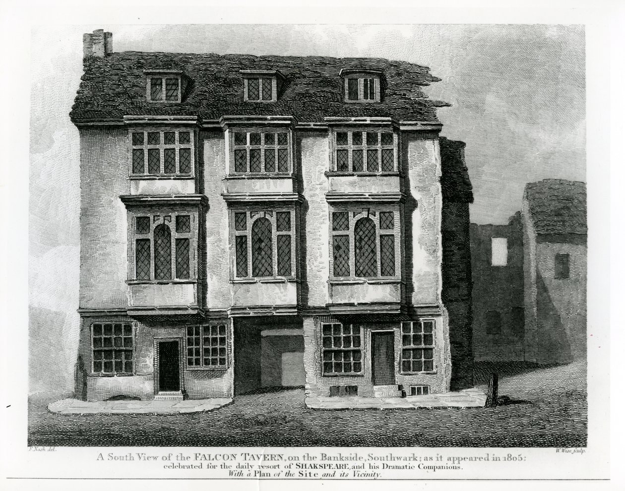 Eteläinen näkymä Falcon Tavernista, Banksidessa, Southwarkissa, kaivertanut William Wise, 1811 tekijältä Frederick Nash