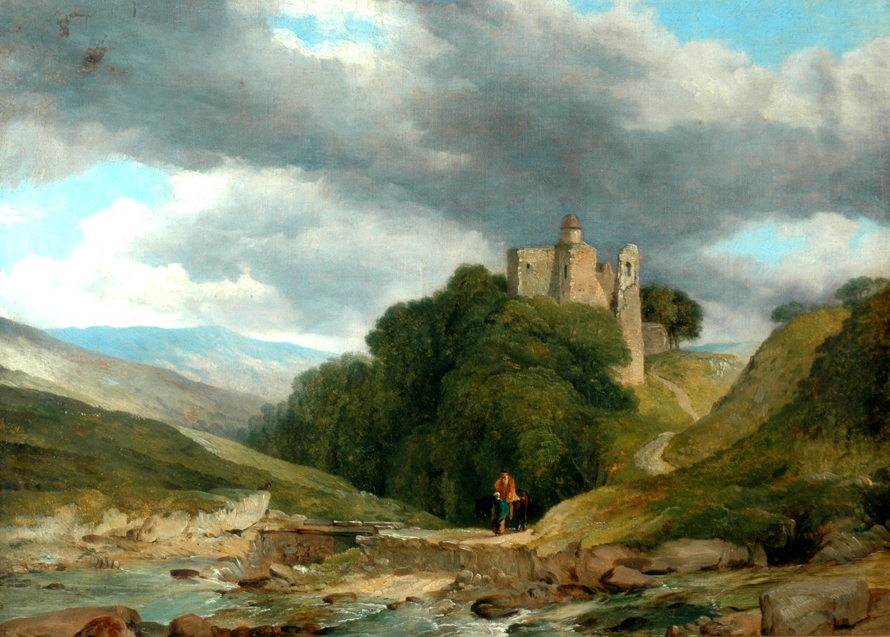 Maisema raunioineen linnan kanssa, 1864 (öljy kankaalle, uudelleen vuorattu) tekijältä Frederick Richard Lee