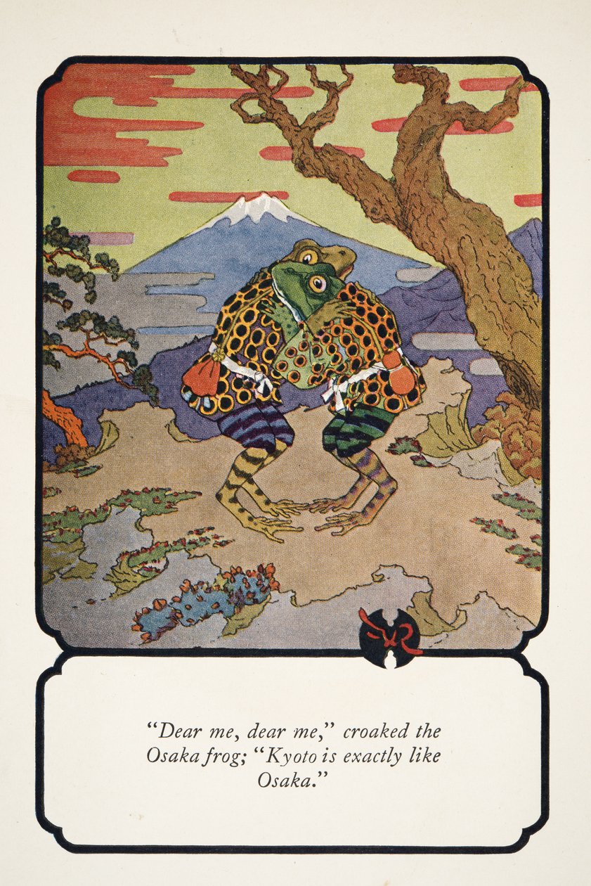 Rakas minä, rakas minä, huusi Osakan sammakko, Kioto on täsmälleen kuin Osaka, kuvitus julkaisusta Little Peaching and Other Tales of Old Japan, n. 1928 tekijältä Frederick Richardson