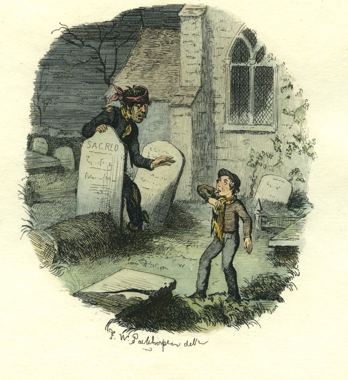 Pip and the Convict, Great Expectations, n.1885 (käsinvärinen etsaus) tekijältä Frederick W. Pailthorpe