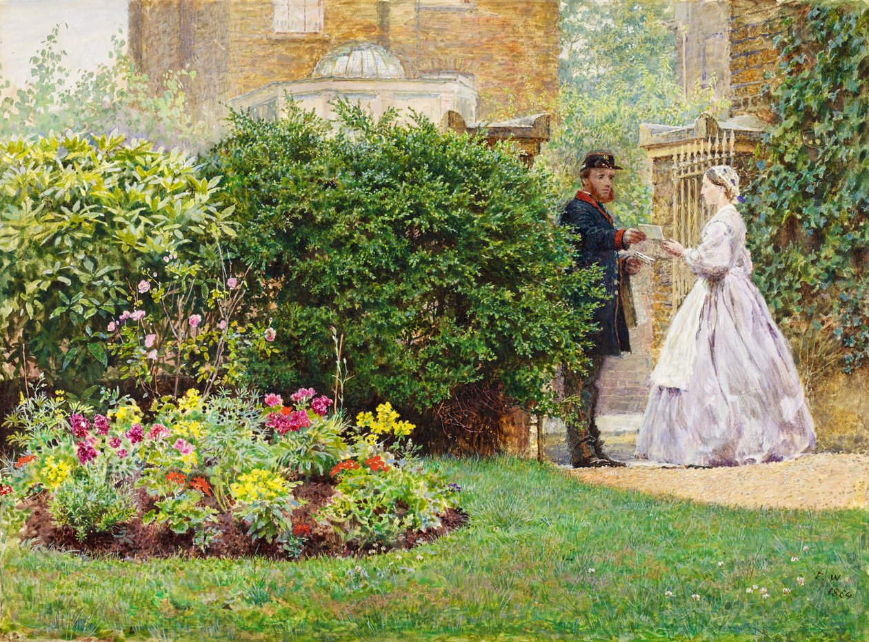 My Front Garden, 1864 (wc ja guassi paperilla) tekijältä Frederick Walker
