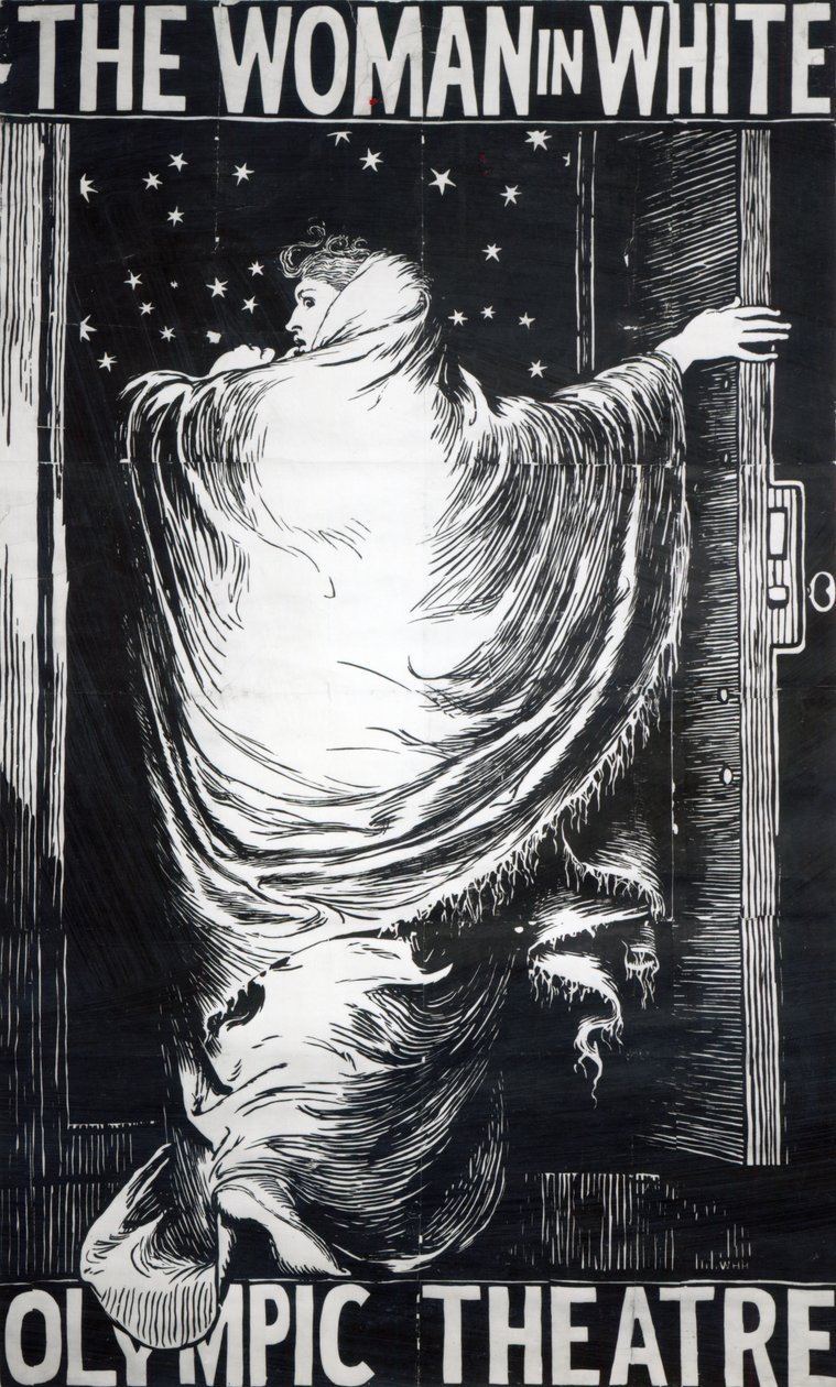 Juliste Wilkie Collinsin vuonna 1871 esittämän "Nainen valkoisissa" -teoksen näyttämöversiosta. tekijältä Frederick Walker