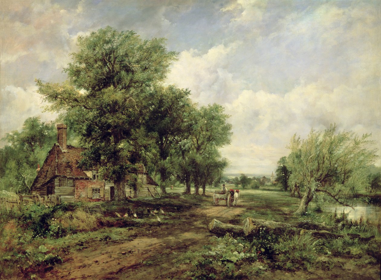 Metsäinen jokimaisema, jossa on mökki ja hevoskärryt tekijältä Frederick Waters Watts