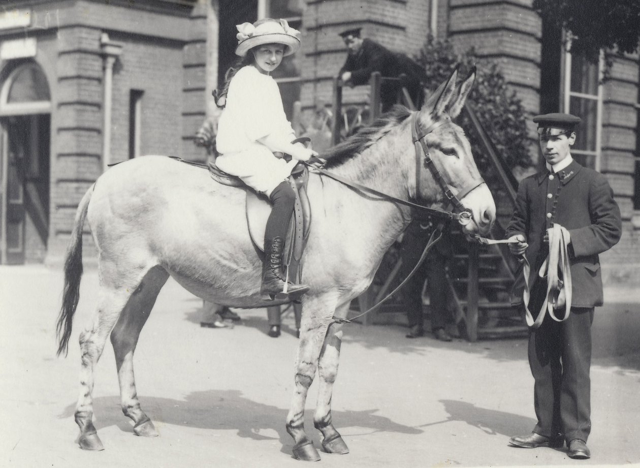 Nuori nainen ratsastaa perseellä, jota yksi vartija johtaa toisen katsoessa, Lontoon eläintarha toukokuu 1914 tekijältä Frederick William Bond