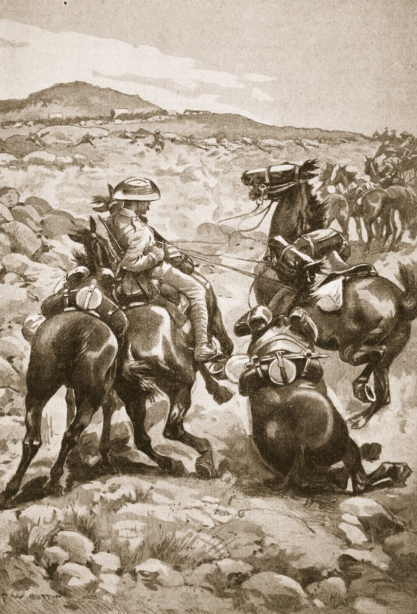 De Wetin kannoilla: Ratsastettu jalkaväki hyökkää vaunujunaan, esimerkki teoksesta "Battles of the Nineteenth Century: Vol. VII, The Boer War 1900-1901, kirjoittanut Archibald Forbes, G.A. Henty ja Major Art tekijältä Frederick William Burton