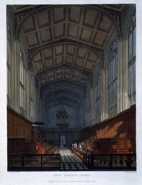 Eton College Chapel, "History of Eton Collegesta", osa "History of the Colleges", kaiverrettu Daniel Havellin (1785-1826) pub. kirjoittanut R. Ackermann tekijältä Frederick (after) Mackenzie