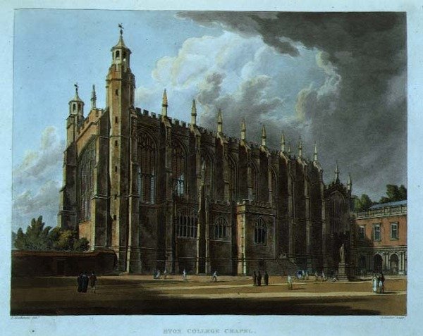 Eton Collegen kappeli, Joseph Constantine Stadlerin (1780-1812) kaiverruksesta "History of Eton College", osa "History of the Colleges", julkaisija R. Ackermann. tekijältä Frederick (after) Mackenzie