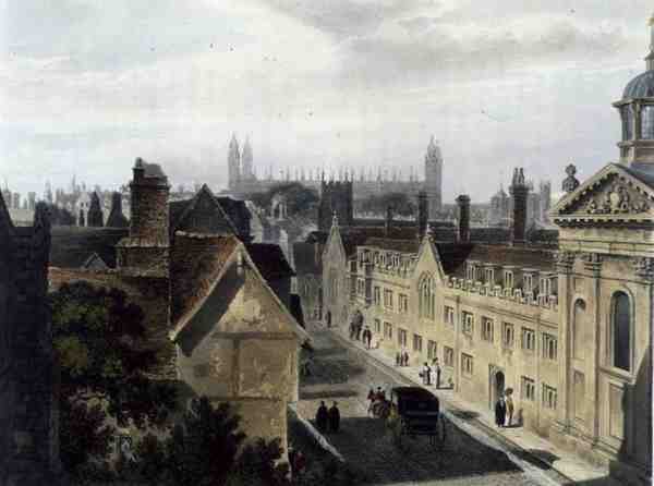 Pembroke Collegen ulkokuori, Peterhousen ikkunasta Cambridgessa, "The History of Cambridgesta", kaivertanut Joseph Constantine Stadler (fl.1780-1812), pub. kirjoittanut R. Ackermann tekijältä Frederick (after) Mackenzie