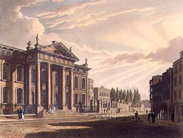 Clarendon-painon ulkopuoli, kuvitus "History of Oxfordista", kaiverrettu Joseph Constantine Stadler (fl.1780-1812) pub. Kirjailija: R. Ackermann tekijältä Frederick (after) Mackenzie