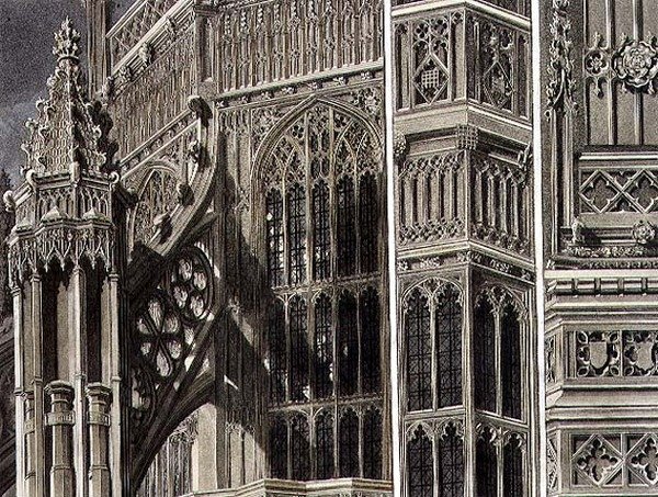 Fragmentit ja osat Henry Seventh Chapelin ulkokuoresta, levy 12 Westminster Abbeystä, kaiverrus Thomas Sutherland, pub. kirjoittanut Rudolph Ackermann (1764-1834) 1811 (akvatinta) tekijältä Frederick (after) Mackenzie