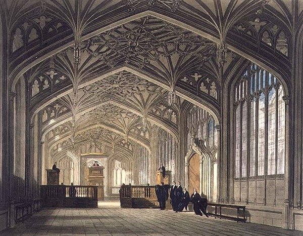 Divinity Schoolin sisustus, kuvitus Oxfordin historiasta, kaivertanut F.C. Lewis (1779-1856) pubi. kirjoittanut R. Ackermann tekijältä Frederick (after) Mackenzie