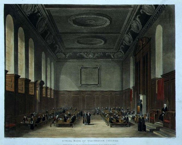 Winchester Collegen kouluhuone, "Historia of Winchester Collegesta", osa "History of the Colleges", kaivertanut Joseph Constantine Stadler (fl.1780-1812) pub. Kirjailija: R. Ackermann tekijältä Frederick (after) Mackenzie