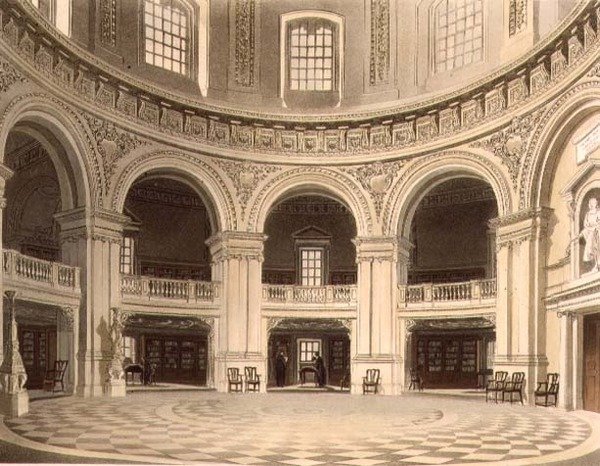 Dome in Radcliffe Library, kuvitus "History of Oxfordista", kaiverrettu J. Bluck (fl.1791-1831) pub. kirjoittanut R. Ackermann tekijältä Frederick (after) Mackenzie