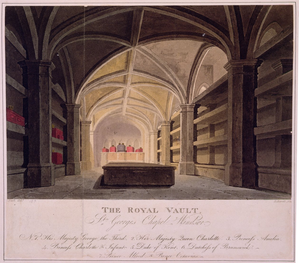 Kuninkaallinen holvi, Pyhän Yrjön kappeli, Windsor, kaiverrus Daniel Havell (1785-1826) (värilitho) tekijältä Frederick (after) Nash