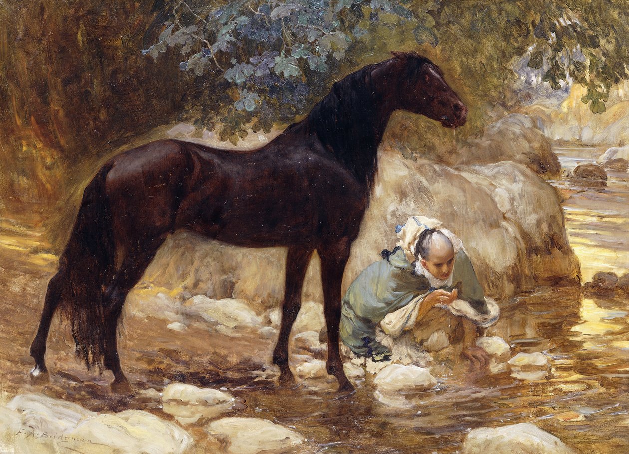 Arabi juottaa hevosta joen rannalla, n. 1890-1900 tekijältä Frederick Arthur Bridgman
