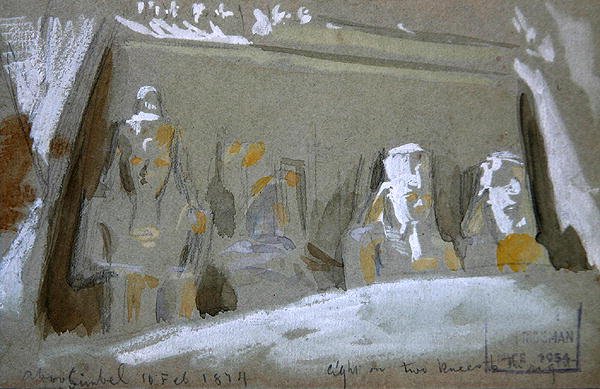 Neljä kolossaalista Ramses II:n patsasta Abu Simbelin suuressa temppelissä tekijältä Frederick Arthur Bridgman