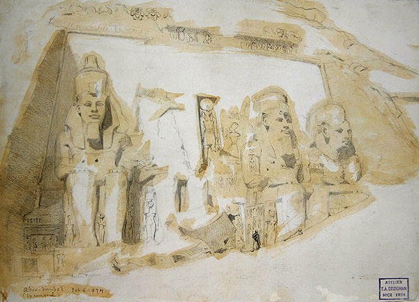 Neljä Ramesses II:n (1279-1213 eaa.) kolossaalista patsasta Abu Simbelin suuressa temppelissä. tekijältä Frederick Arthur Bridgman