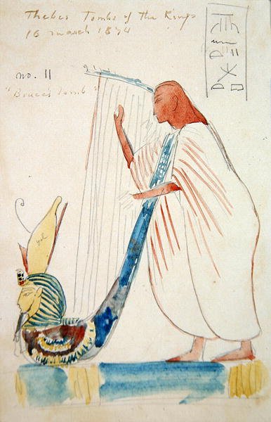 Harpun seinämaalaus Ramses III:n haudassa Thebassa tekijältä Frederick Arthur Bridgman