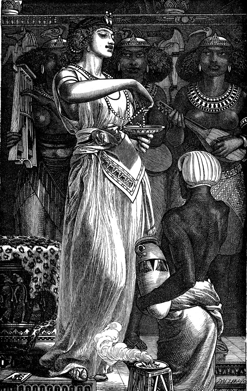 Kleopatra VII 69-30 eKr., Egyptin kuningatar, liuottaa helmiä viiniin, 1866 tekijältä Frederick Augustus Sandys