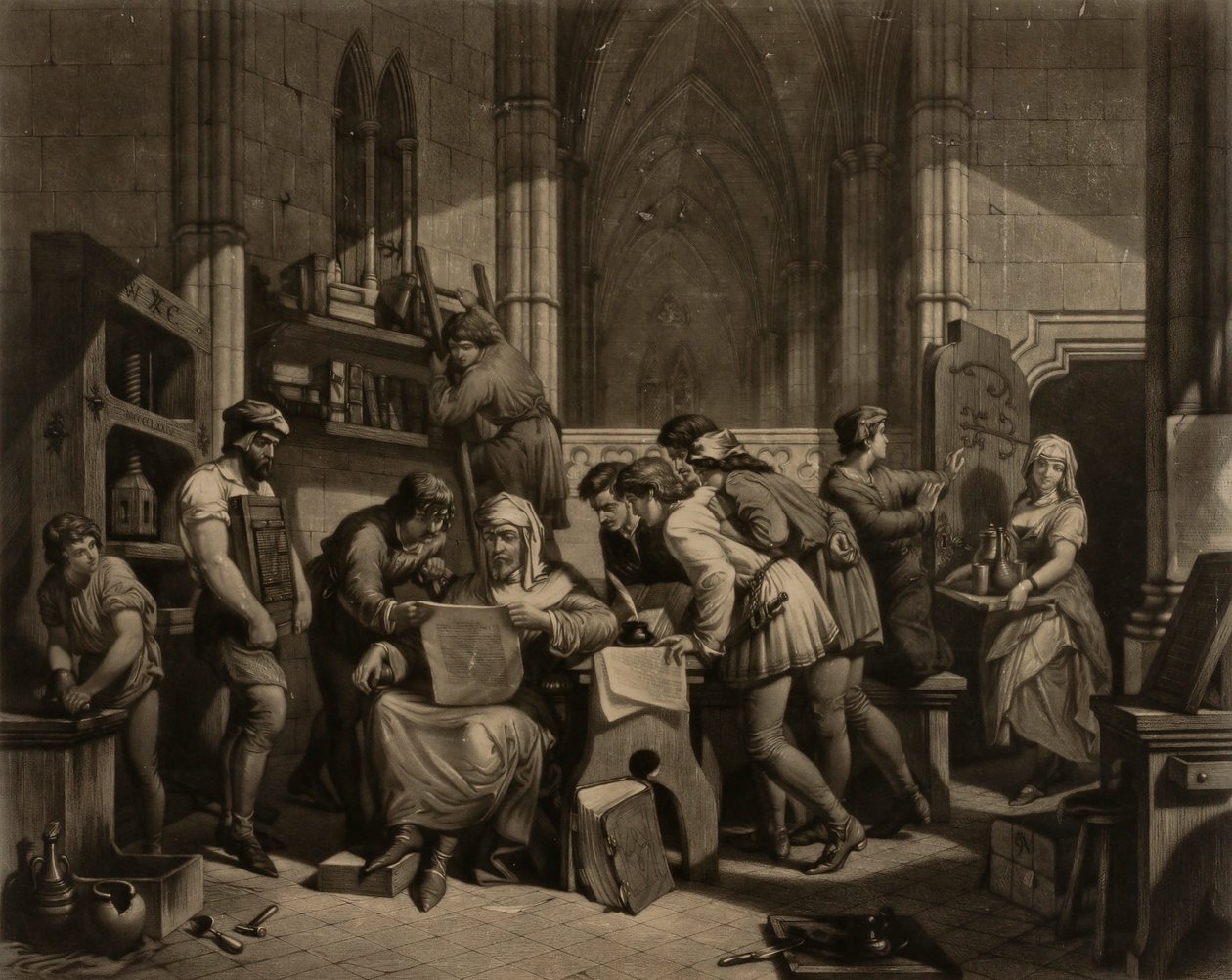 William Caxton - Ensimmäisen vedosjäljen tutkiminen hänen painokoneestaan Westminster Abbeyssa vuonna 1474 jKr. tekijältä Frederick Bacon