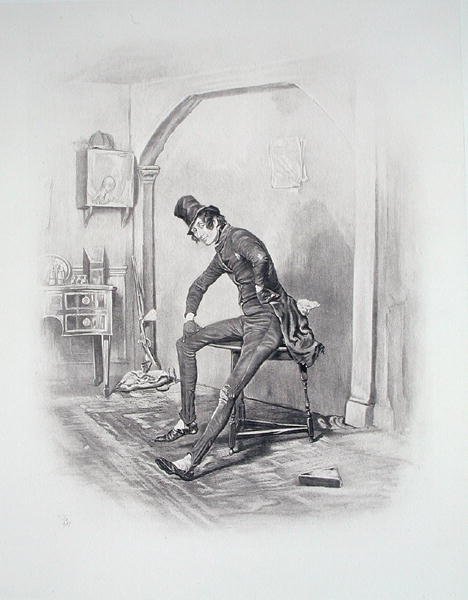 Alfred Jingle, No Hall, Nowhere, Thomas Archerin teoksesta Charles Dickens: A Gossip about his Life, julkaistu noin 1894 (litho) tekijältä Frederick Barnard