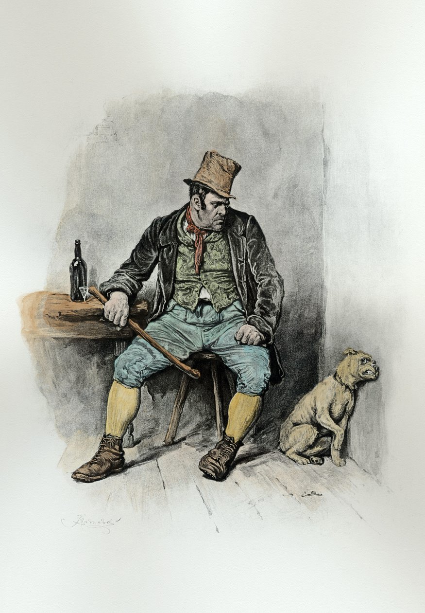 Bill Sykes ja hänen koiransa, Thomas Archerin artikkelista "Charles Dickens: A Gossip about his Life", julkaistu n. 1894 (litho) (myöhempi väritys) tekijältä Frederick Barnard